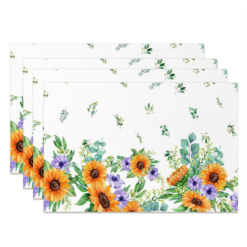 Aperturee - Yellow Purple Floral Leaf Dining Set Of 4 Placemats