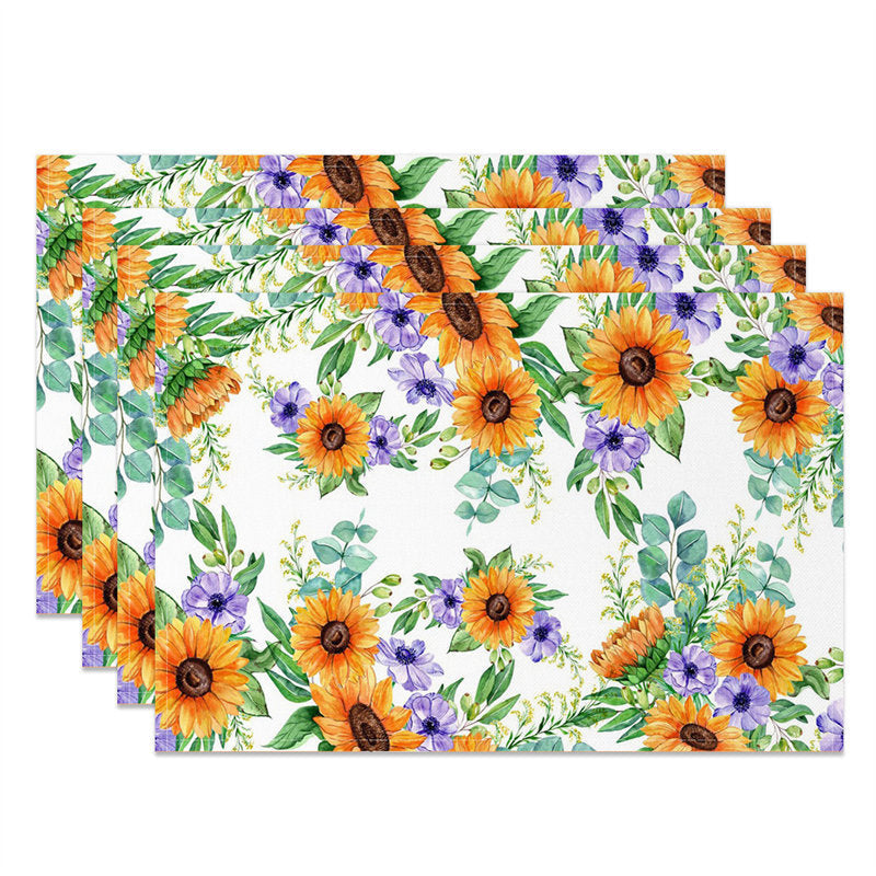 Aperturee - Yellow Purple Floral Seamless Set Of 4 Placemats