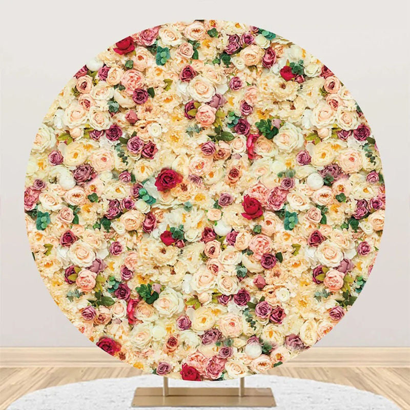 Aperturee - Yellow Red Floral Green Leaf Round Wedding Backdrop