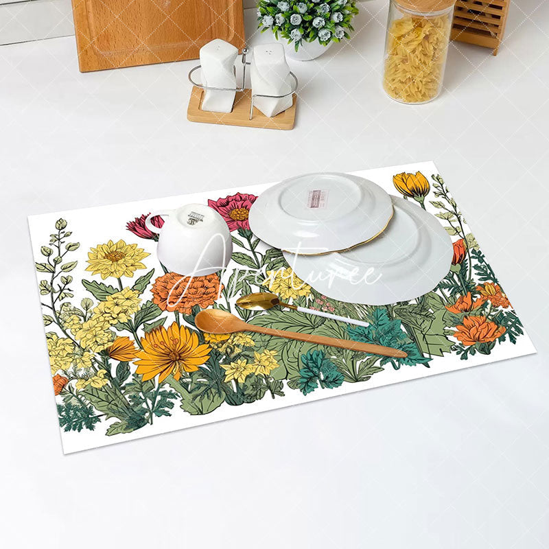 Aperturee - Yellow Red Floral Leaves Painting Set Of 4 Placemats