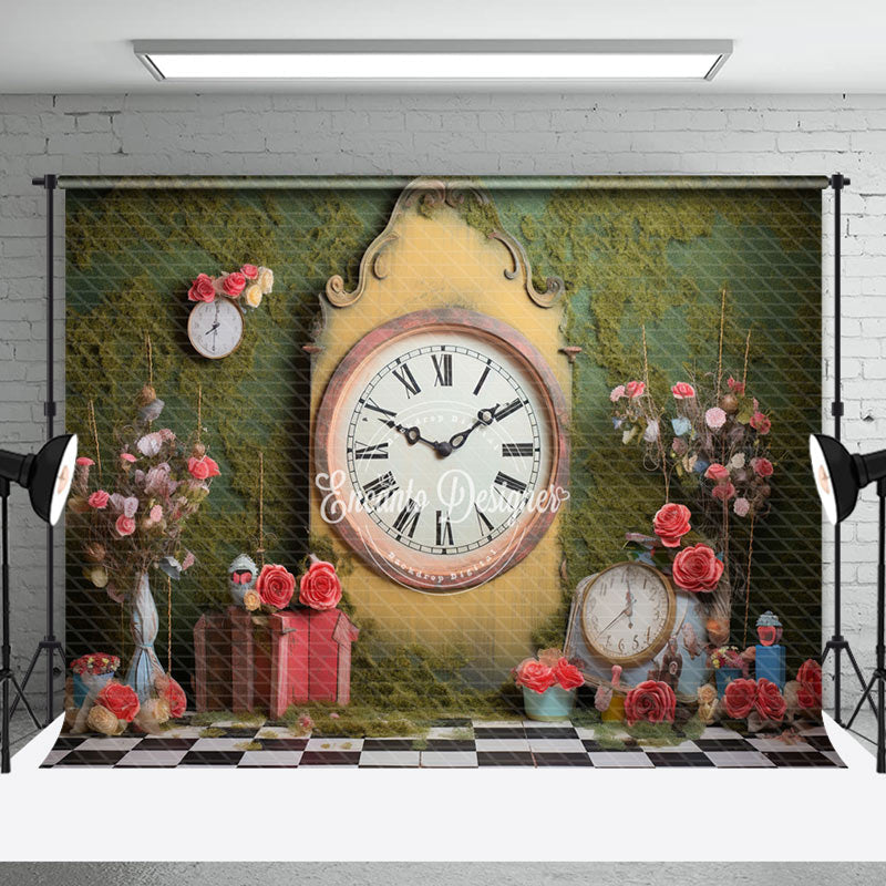 Aperturee - Yellow Retro Clock Grass Wall Spring Photo Backdrop