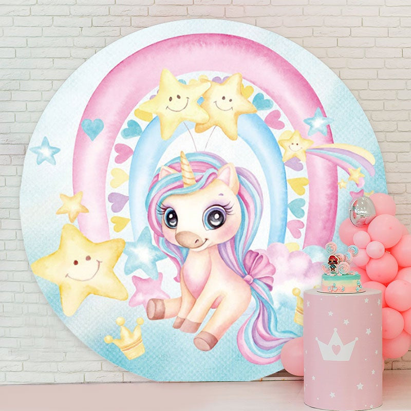 Aperturee - Yellow Star And Pink Unicorn Round Birthday Backdrop