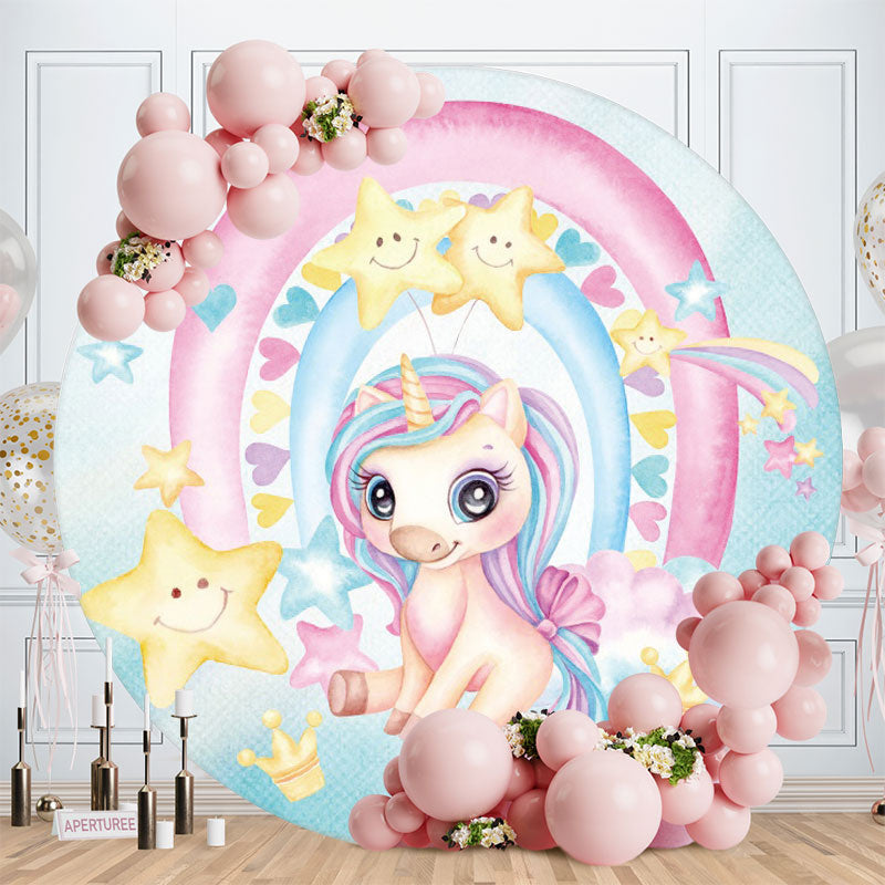 Aperturee - Yellow Star And Pink Unicorn Round Birthday Backdrop