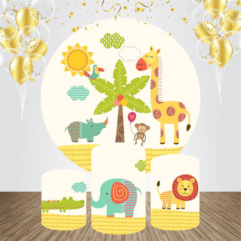 Aperturee - Yellow Sun Animals Tree Round Birthday Backdrop Kit