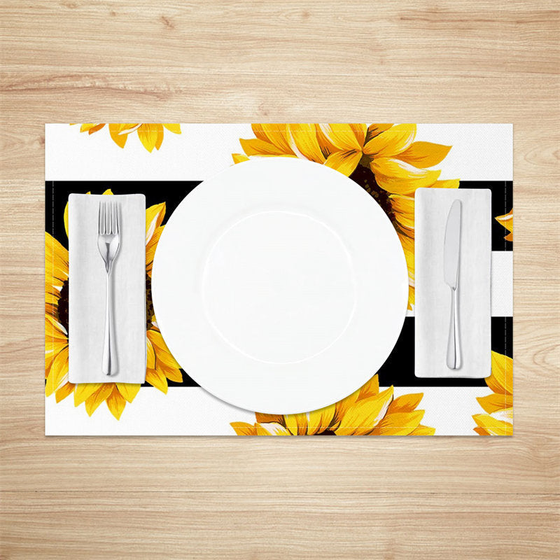 Aperturee - Yellow Sunflower Black Stripe Set Of 4 Placemats