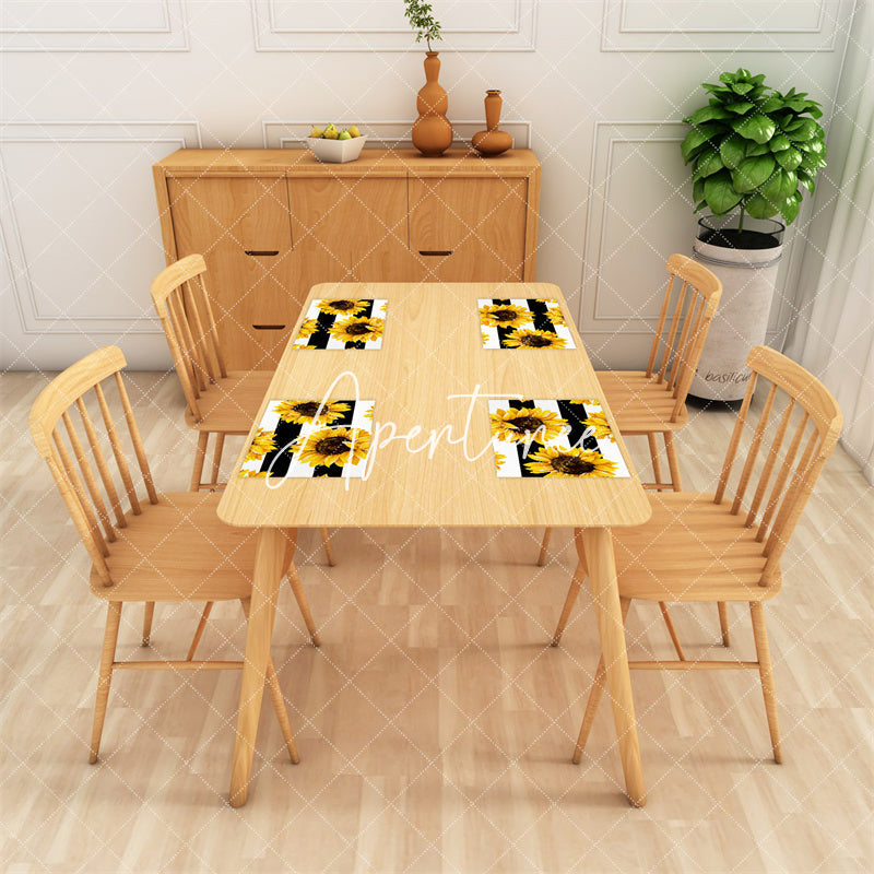 Aperturee - Yellow Sunflower Black Stripe Set Of 4 Placemats