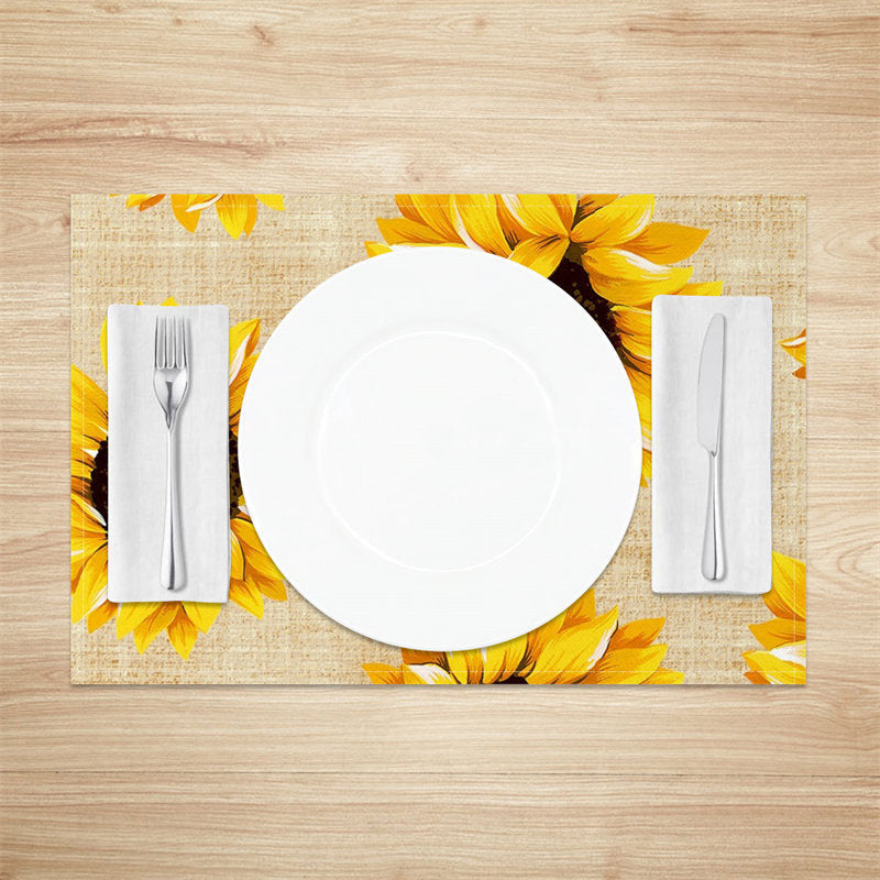 Aperturee - Yellow Sunflower Brown Texture Set Of 4 Placemats