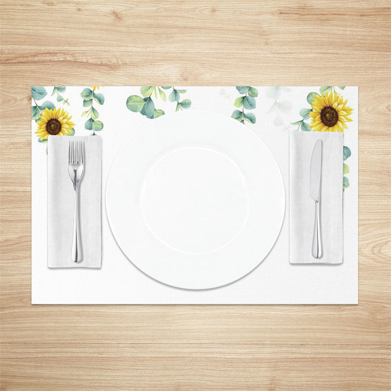 Aperturee - Yellow Sunflower Green Leaves Set Of 4 Placemats