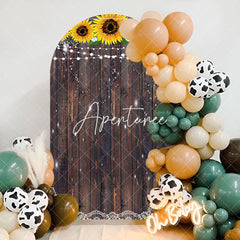 Aperturee - Yellow Sunflower Retro Brown Wooden Arch Backdrop