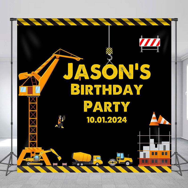 Aperturee - Yellow Truck Worker Custom Birthday Backdrop For Boy