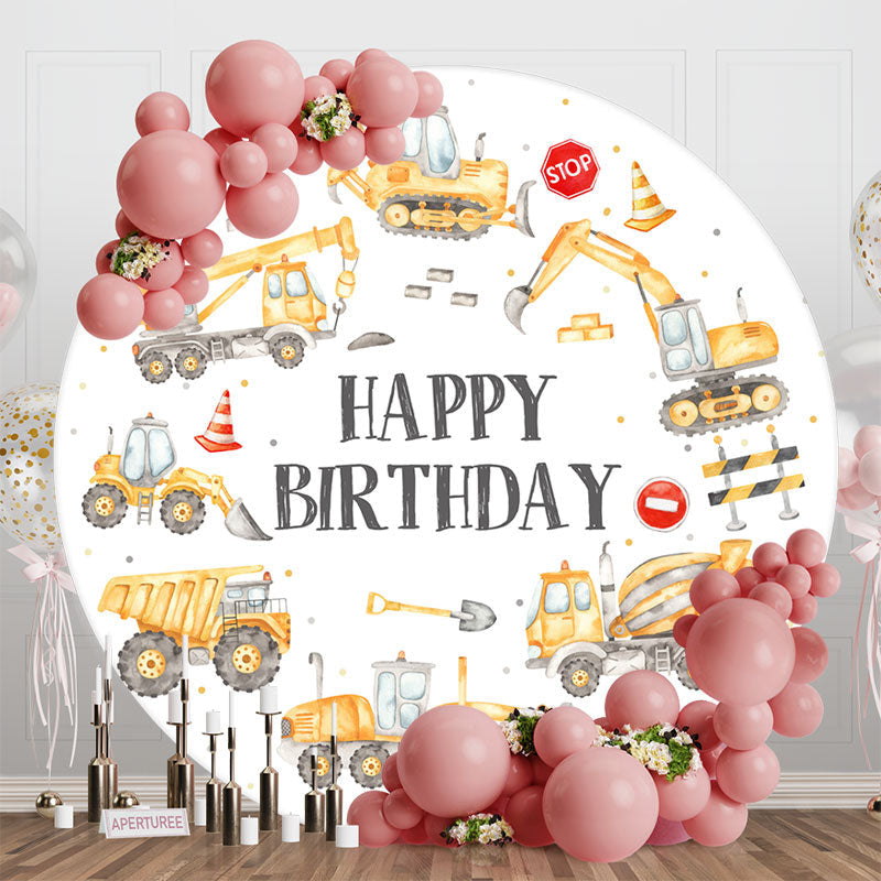 Aperturee - Yellow Trucks Round Happy Birthday Backdrop For Boy