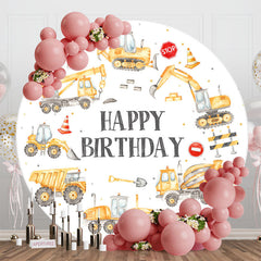 Aperturee - Yellow Trucks Round Happy Birthday Backdrop For Boy