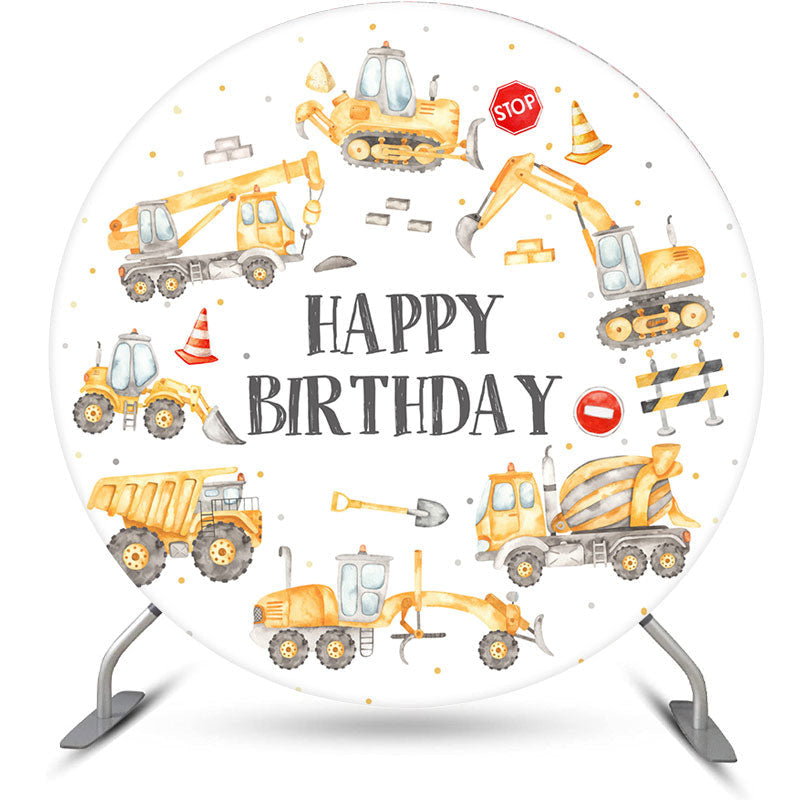 Aperturee - Yellow Trucks Round Happy Birthday Backdrop For Boy