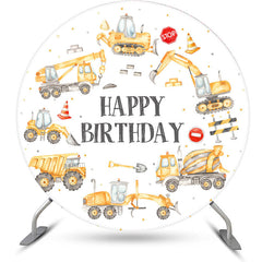 Aperturee - Yellow Trucks Round Happy Birthday Backdrop For Boy