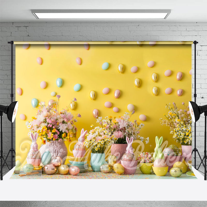 Aperturee - Yellow Wall Floral Gold Eggs Photo Easter Backdrop