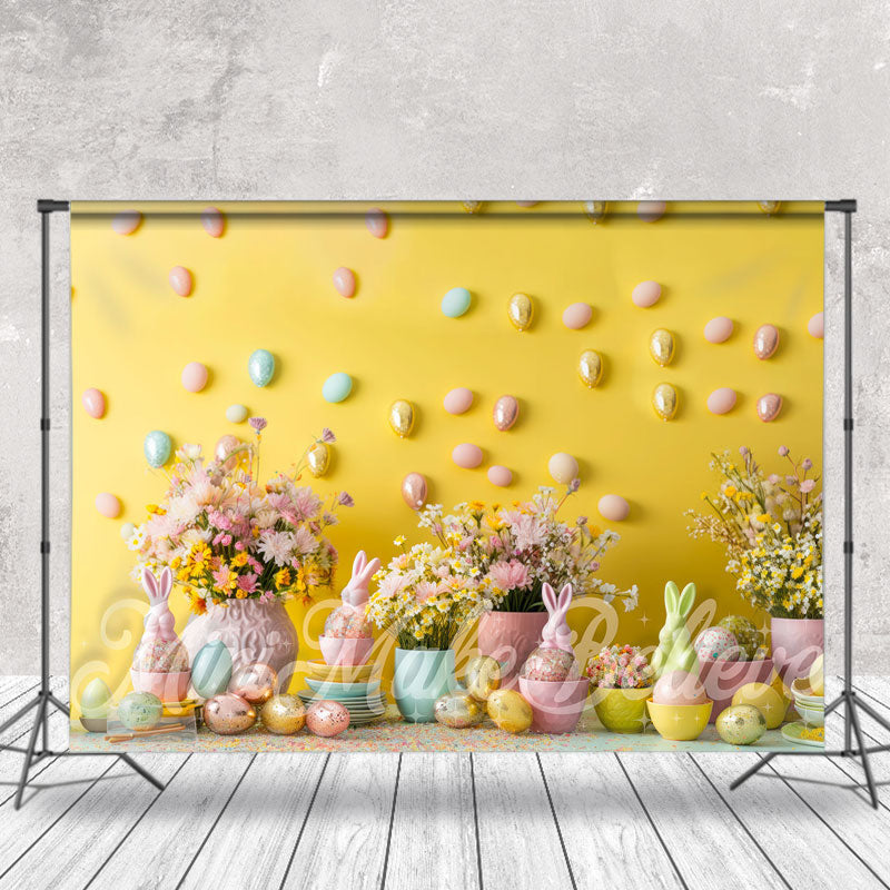 Aperturee - Yellow Wall Floral Gold Eggs Photo Easter Backdrop