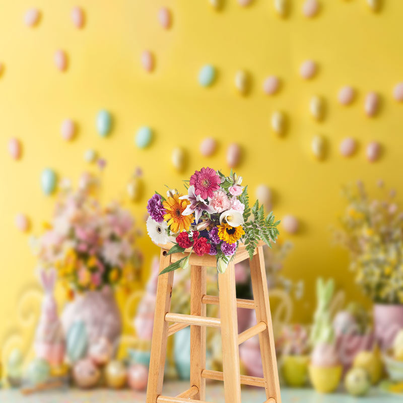 Aperturee - Yellow Wall Floral Gold Eggs Photo Easter Backdrop