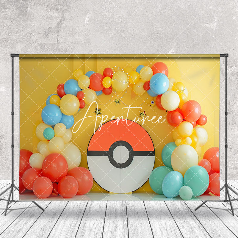 Aperturee - Yellow Wall Red White Pokeball Cake Smash Backdrop