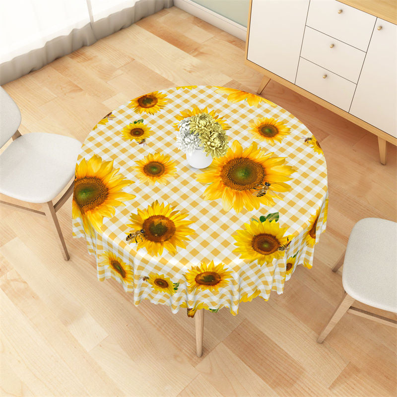 Aperturee - Yellow White Checkered Sunflower Round Tablecloth