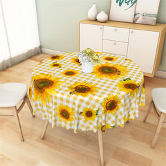 Aperturee - Yellow White Checkered Sunflower Round Tablecloth