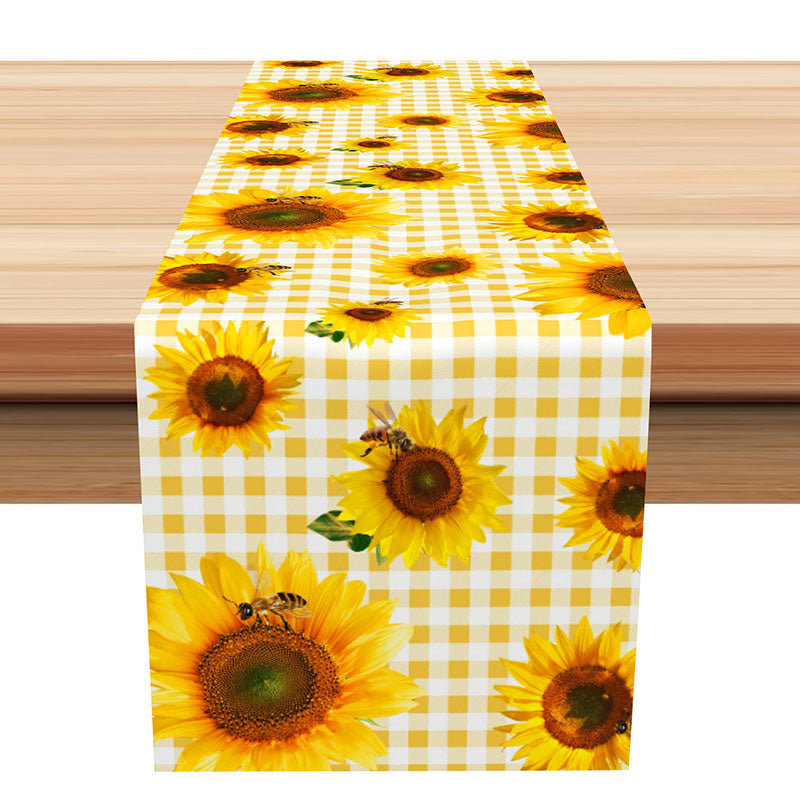 Aperturee - Yellow White Checkred Plaid Sunflower Bee Table Runner