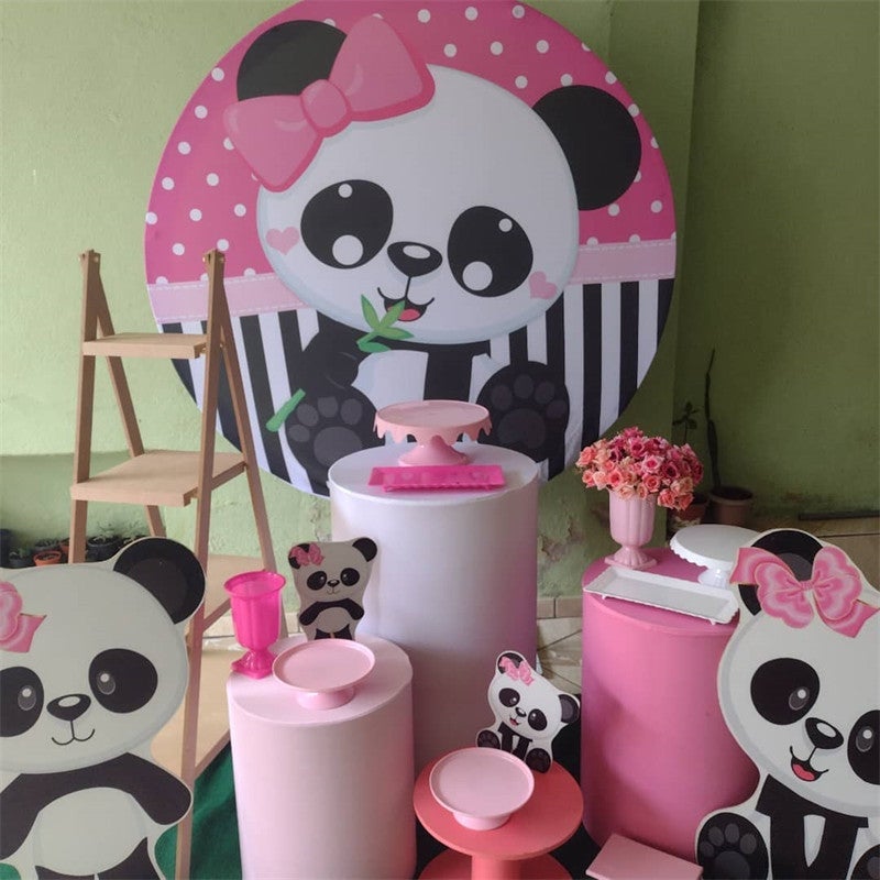 Aperturee - Black And White Panda Round Pink Birthday Backdorp