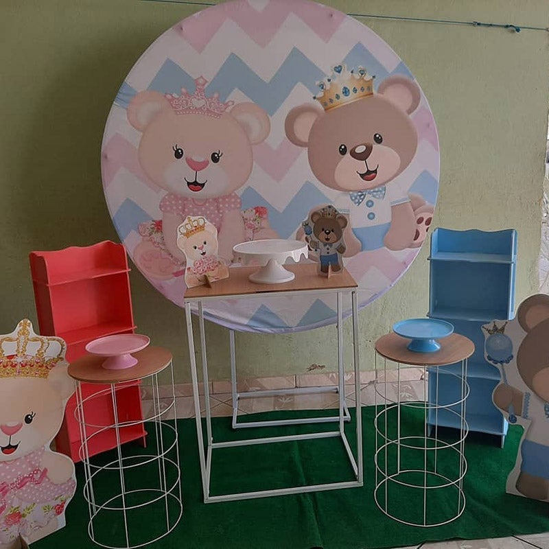 Aperturee - Blue And Pink Cute Teddy Bear Round Baby Shower Backdrop