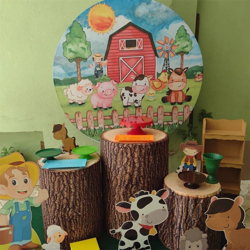 Aperturee - Blue Sky And Farm House Round Animals Birthday Backdorp