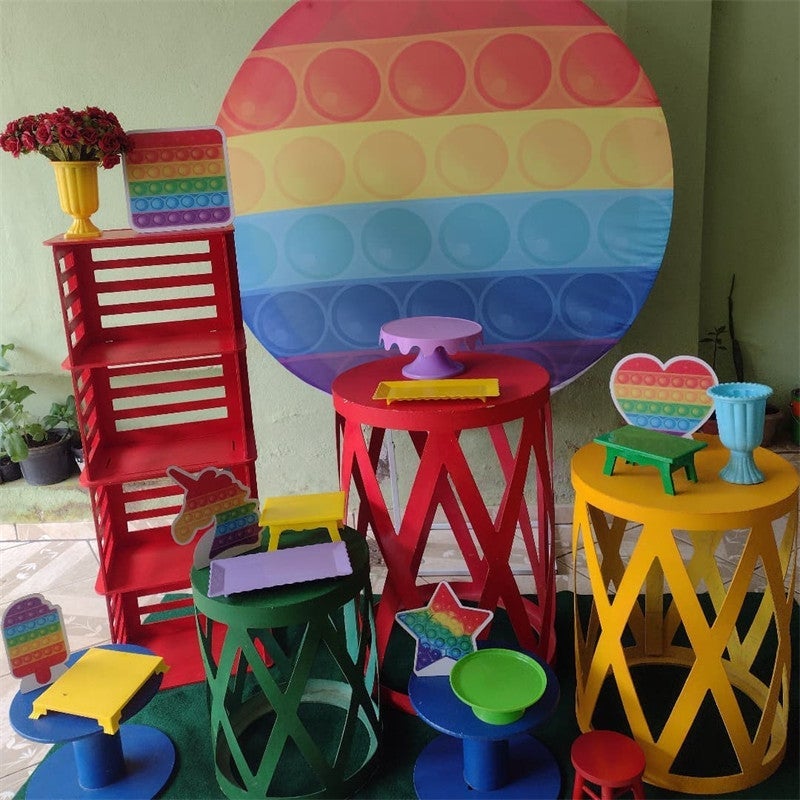 Aperturee - Colorful Pop It Round Birthday Party Decoration Backdorp