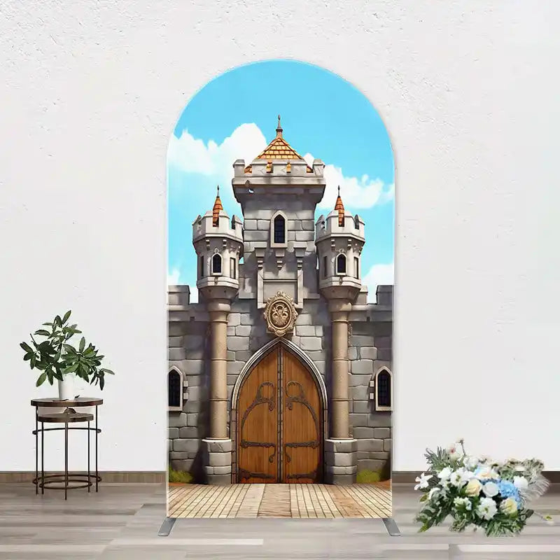 Decorative door cover featuring a medieval castle entrance with turrets and wooden doors.