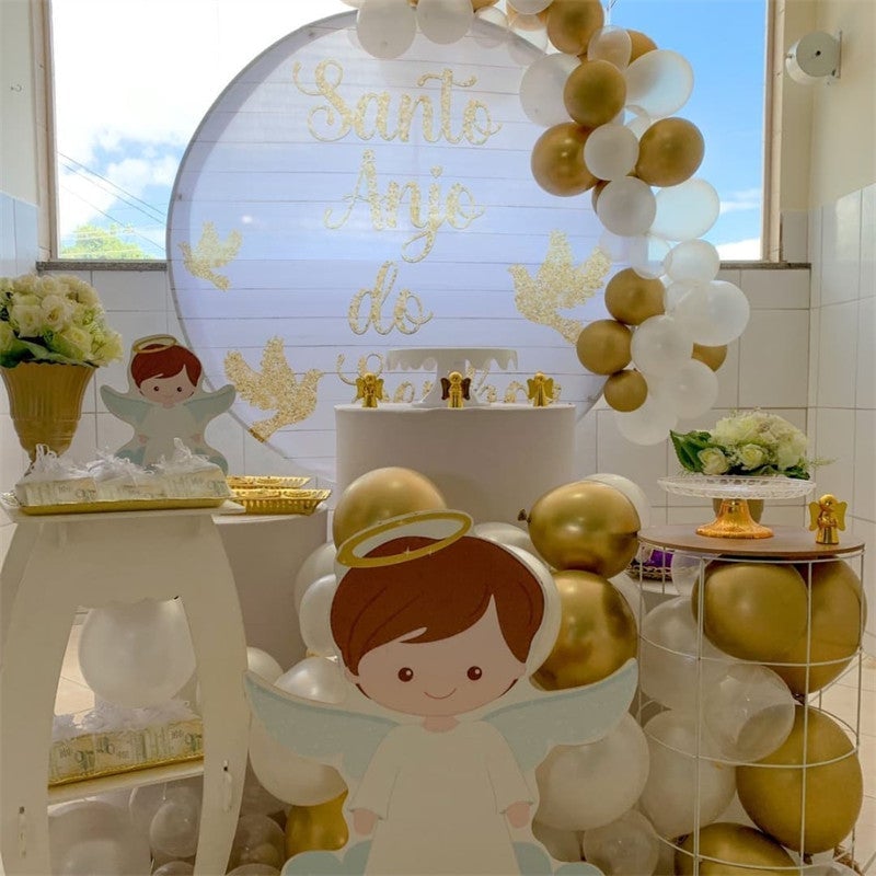 Aperturee - Gold Glitter Angle Round White Baby Shower Backdorp