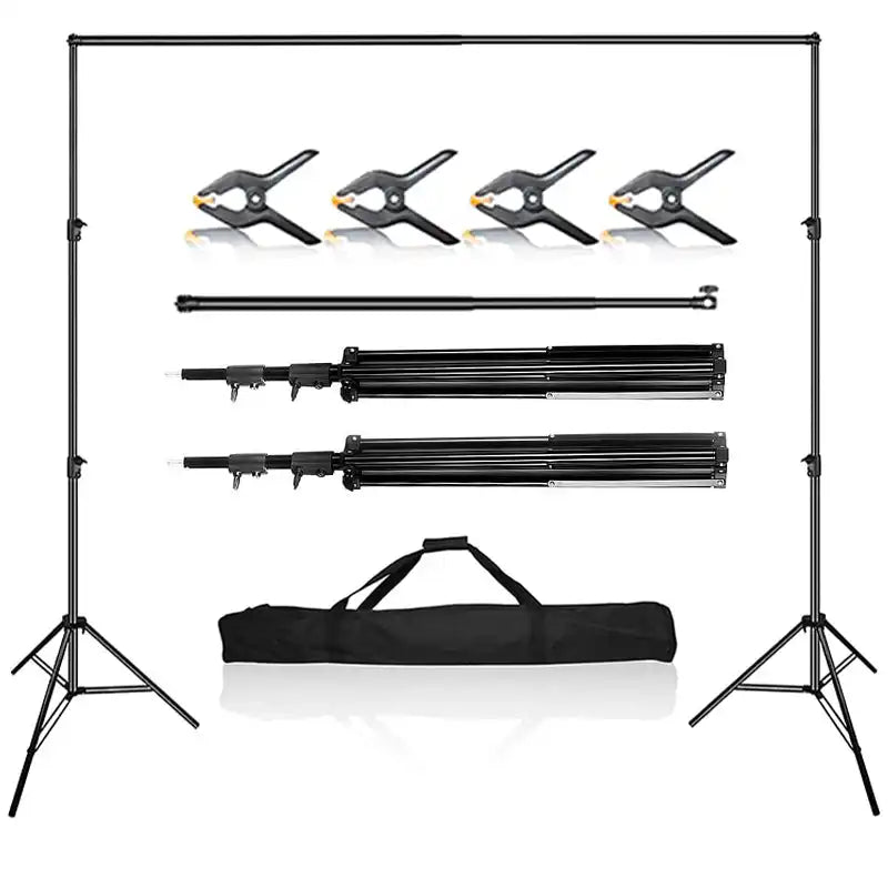 Photography backdrop support stand system with clamps and carrying case.