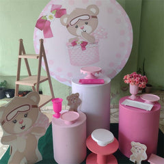 Aperturee - Pink And Light Brow Teddy Bear Round Birthday Backdrop