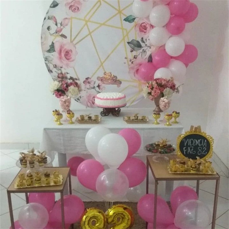 Aperturee - Pink Floral And Gold Stripes Round Birthday Backdrop