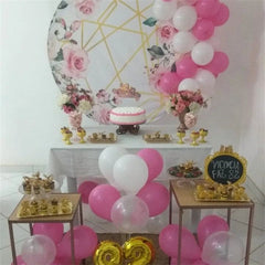 Aperturee - Pink Floral And Gold Stripes Round Birthday Backdrop