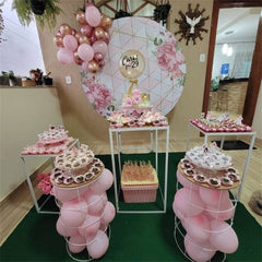 Aperturee - Pink Floral And White Round Birthday Party Backdorp