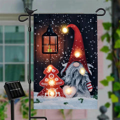 Solar Red Hat Gnome Christmas Tree Winter Garden Flag