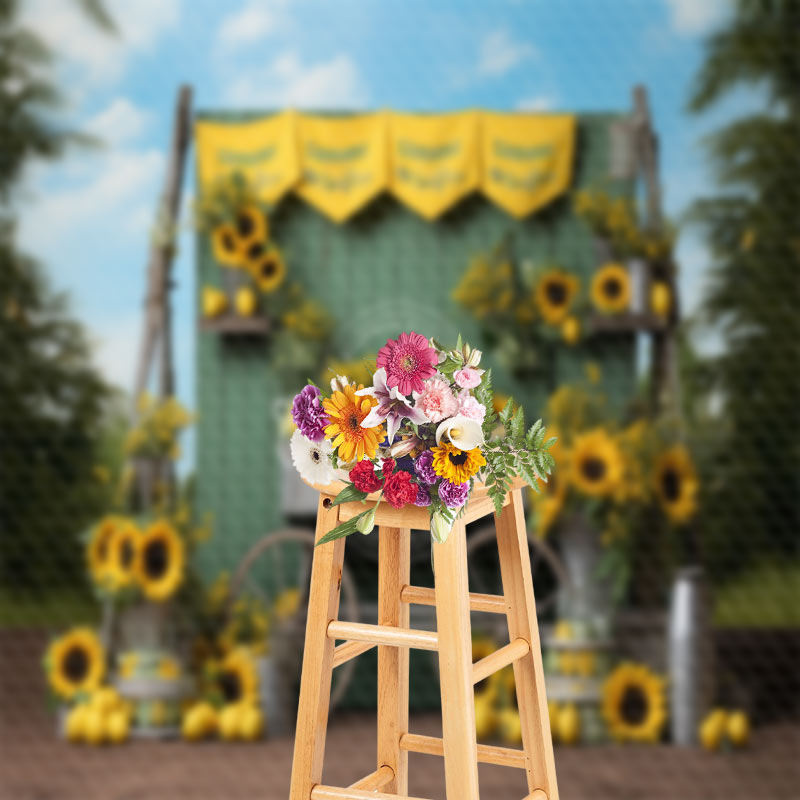 Aperturee - Green Wooden Board Sunflower Lemon Photo Backdrop