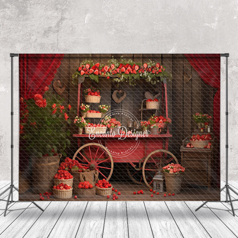 Aperturee - Spring Strawberry Red Curtains Vintage Wood Backdrop