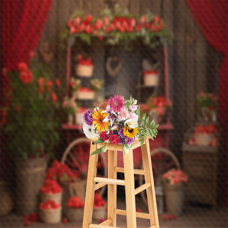 Aperturee - Spring Strawberry Red Curtains Vintage Wood Backdrop