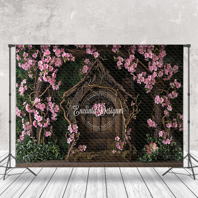 Aperturee - Pink Flowers Surround Vintage Wood House backdrop