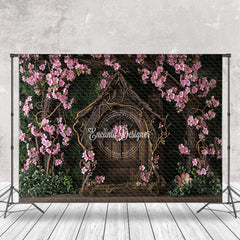 Aperturee - Pink Flowers Surround Vintage Wood House backdrop