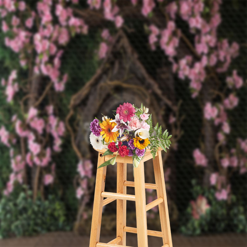 Aperturee - Pink Flowers Surround Vintage Wood House backdrop