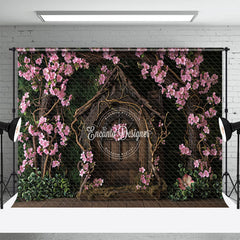 Aperturee - Pink Flowers Surround Vintage Wood House backdrop