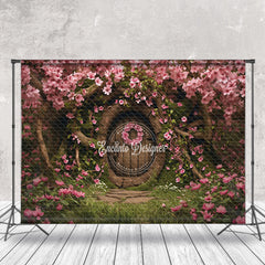 Aperturee - Vintage Wooden Door Pink Flowers Tree Photo Backdrop