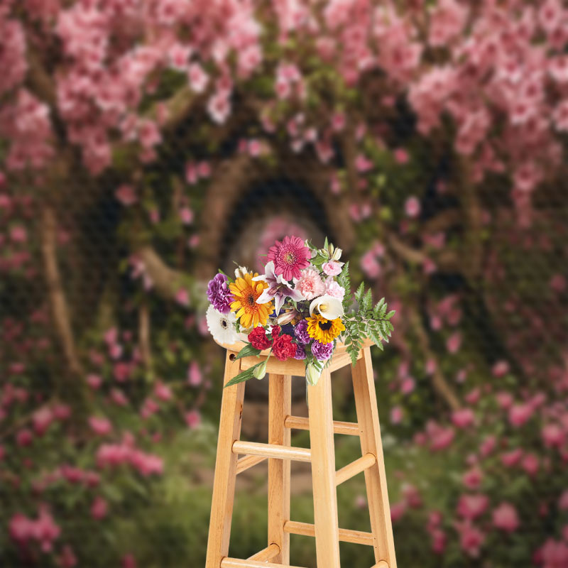 Aperturee - Vintage Wooden Door Pink Flowers Tree Photo Backdrop