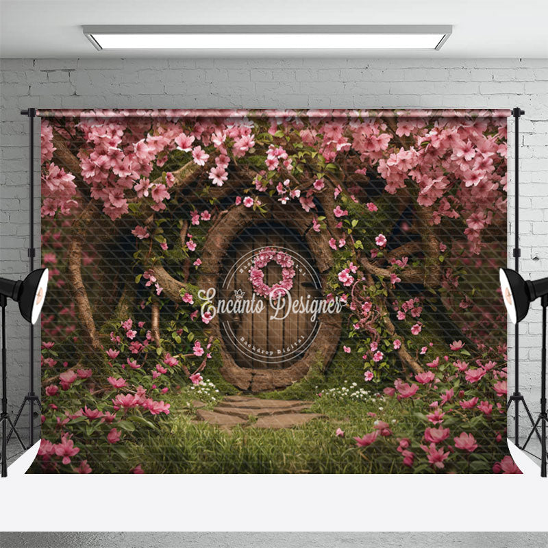 Aperturee - Vintage Wooden Door Pink Flowers Tree Photo Backdrop