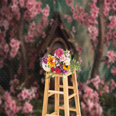 Aperturee - Brown Wooden House With Pink Flowers Photo Backdrop