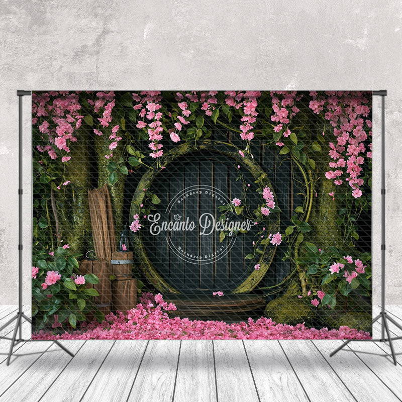 Aperturee - Gray Wooden Door Tree Pink Flowers Photo Backdrop