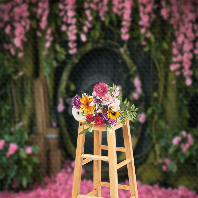 Aperturee - Gray Wooden Door Tree Pink Flowers Photo Backdrop